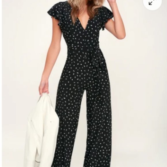 Lulus Wide leg Jumpsuit Black White Fine Print Open Back Ruffle Shoulder S - Picture 5 of 16